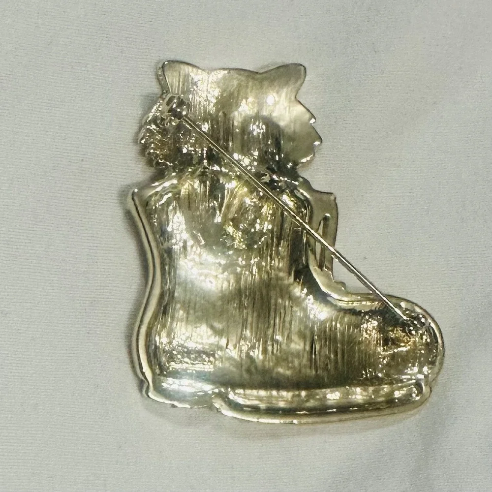 Vintage AJC Gold Tone Cat In Boots Kitten Kitty‎ Statement Brooch Pin Signed 2